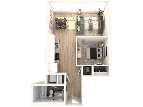 A 3D floor plan of a small apartment with a kitchen, living room, and bathroom.